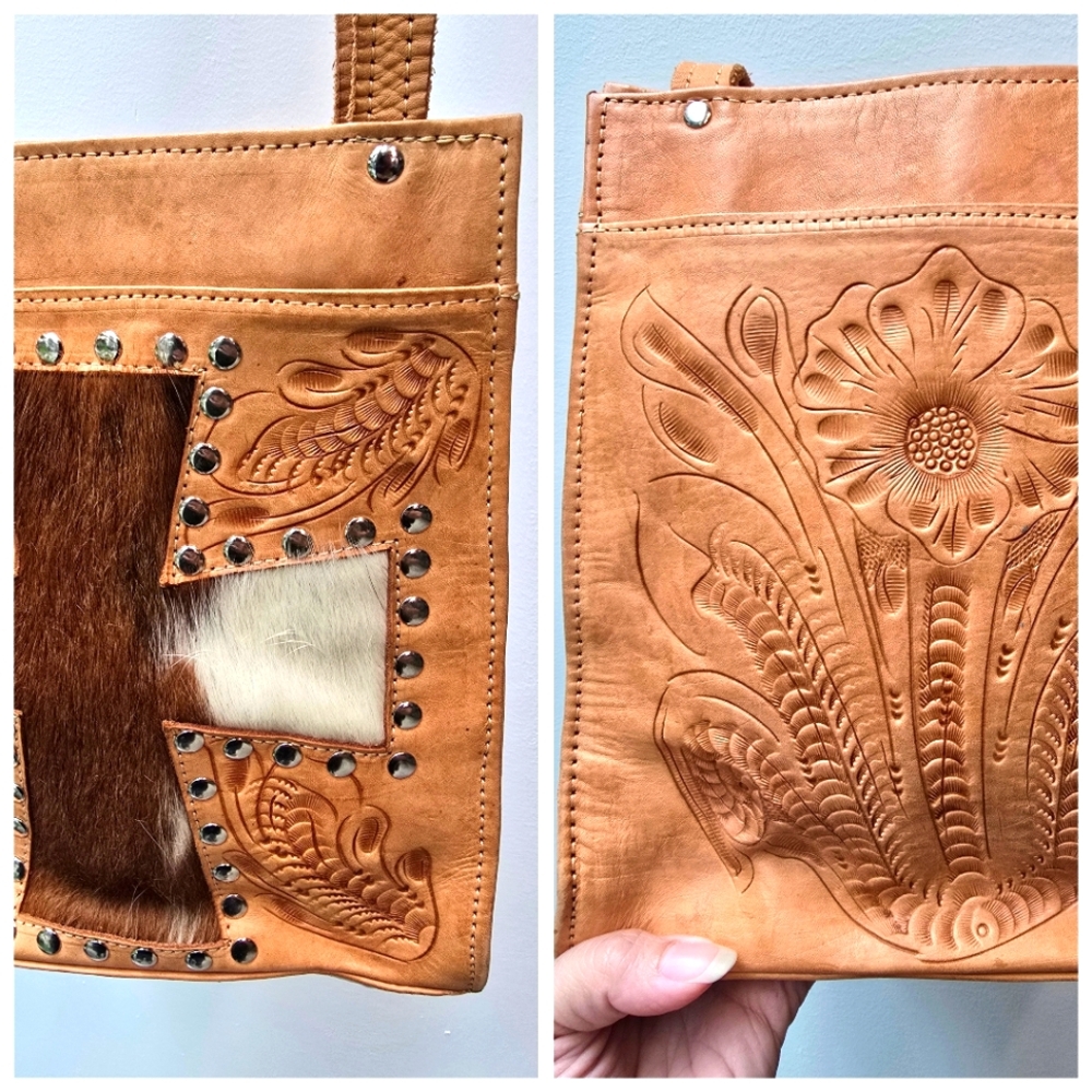 Vintage Hand Tooled Leather & Pony Hair Fur Shoulder Bag Grants Natural Paraguay